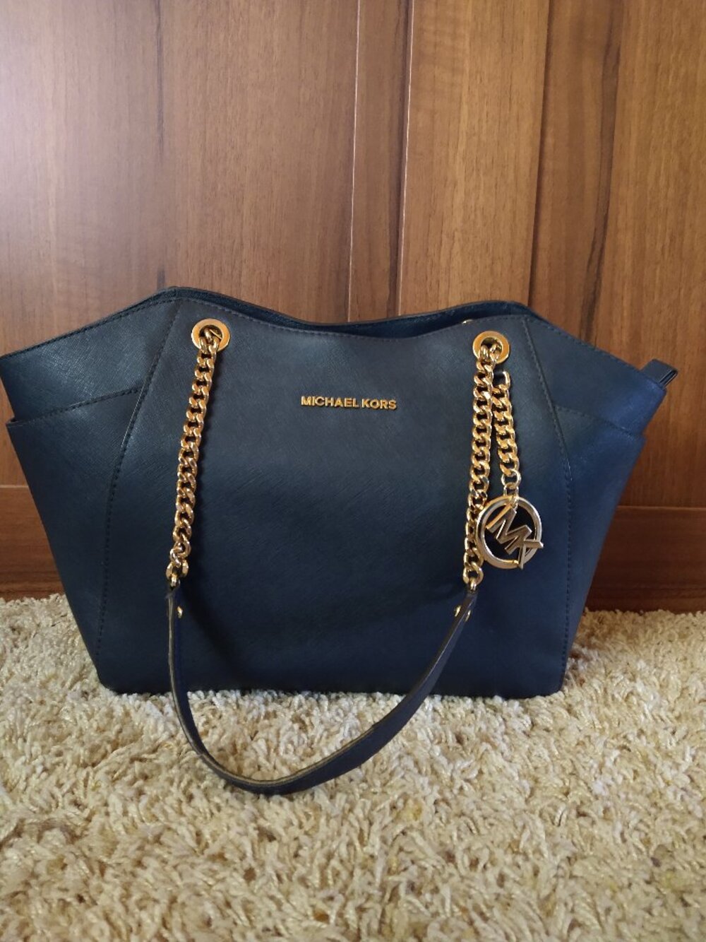 Michael Kors Navy Blue Leather Tote with Gold Chain